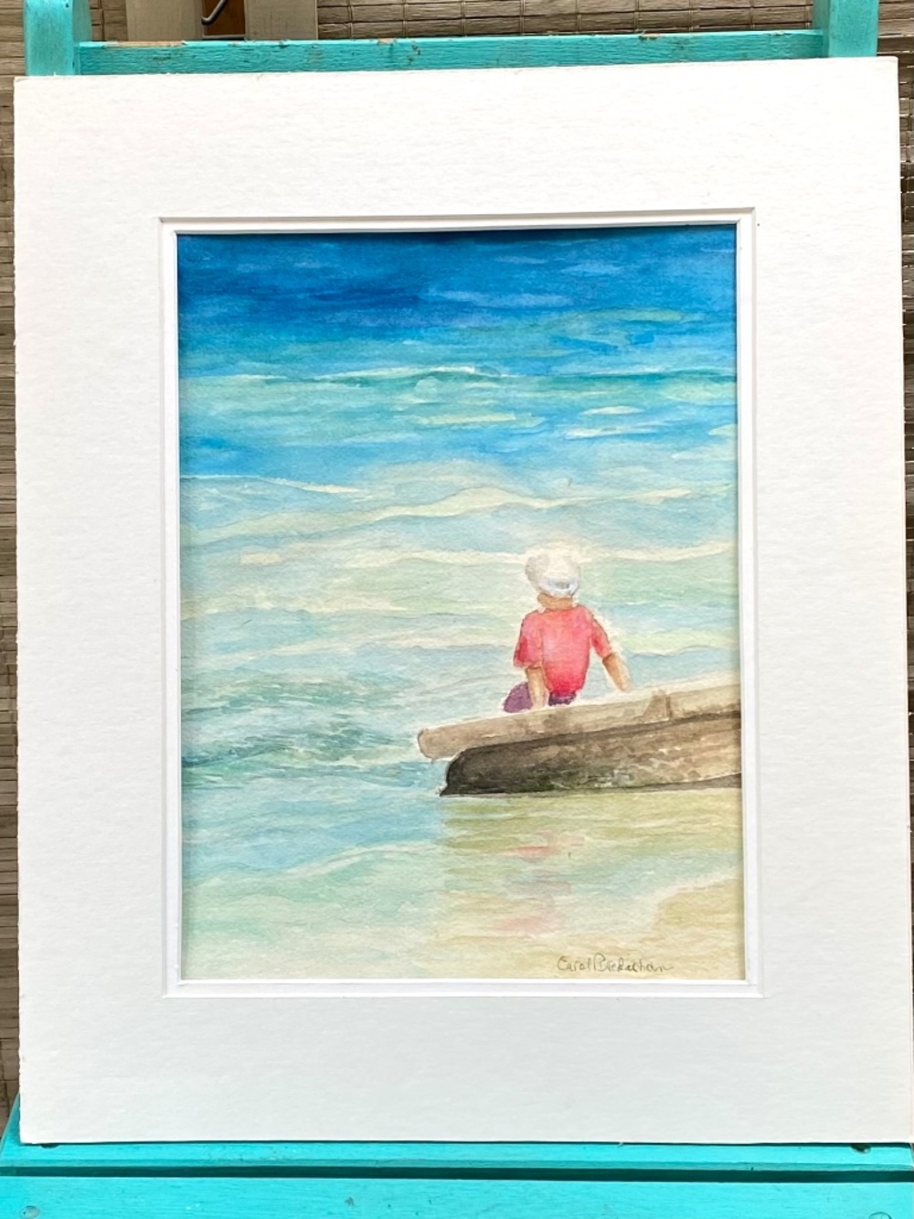 Original watercolour painting 14 by 17 of boy looking out at the ocean